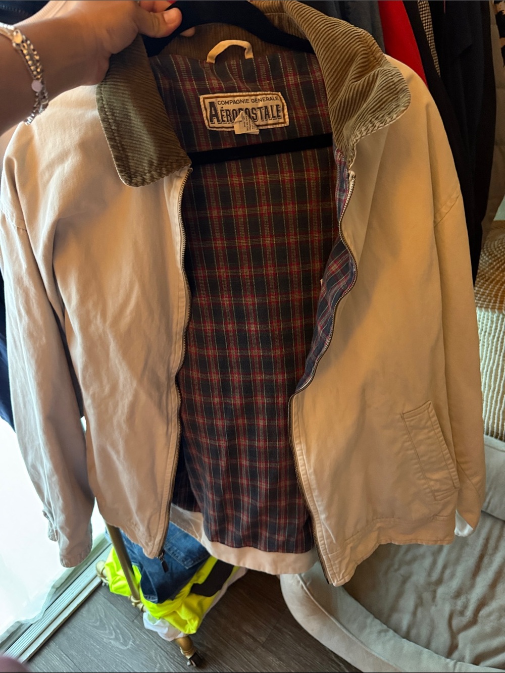 Vintage Aeropostale Men's Beige Lightweight Jacket with Green Corduroy Collar